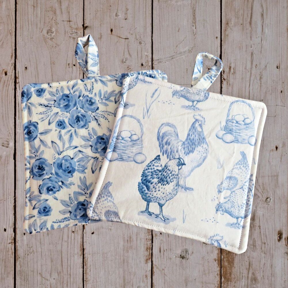 Handmade Potholder, Set of 2, Reversible Chickens and Blue Rose Hot Pads